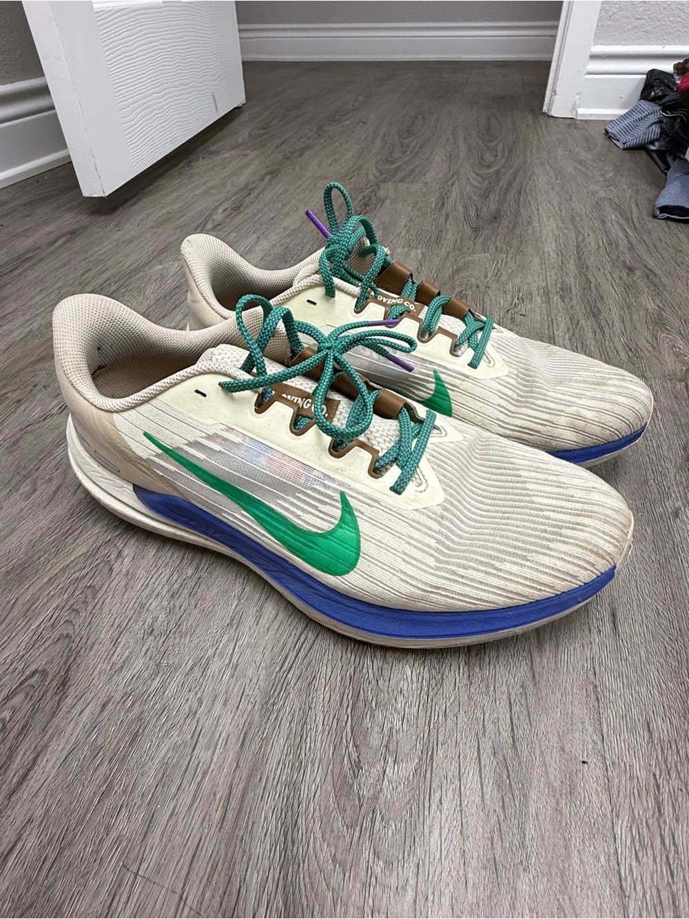 Nike Men’s Sneakers Tennis Shoes in Cream with Green & Blue Accents